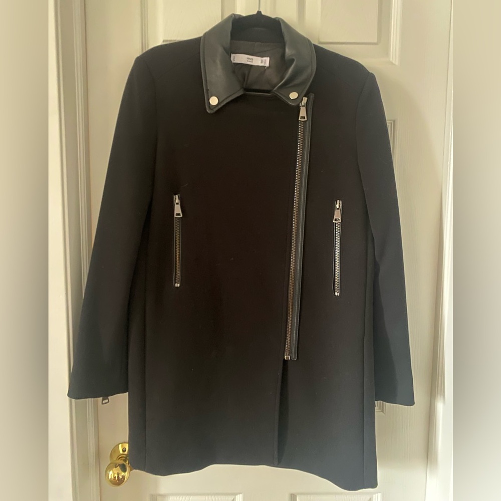 Mango Black Coat with Leather-Look Collar and Asymmetric Zip